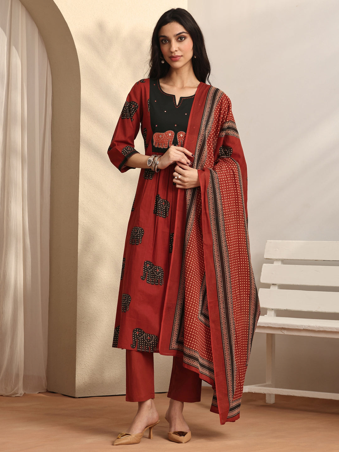Rust Printed Cotton Straight Suit Set With Dupatta