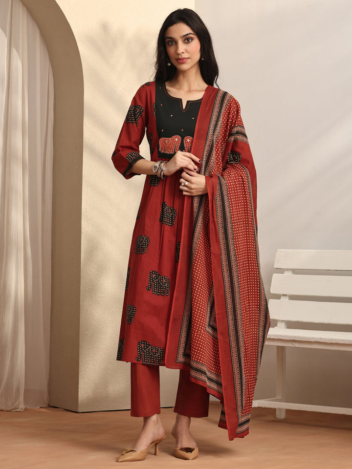 Rust Printed Cotton Straight Suit Set With Dupatta