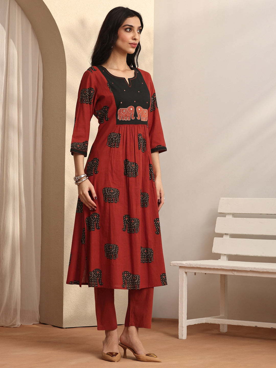 Rust Printed Cotton Straight Suit Set With Dupatta