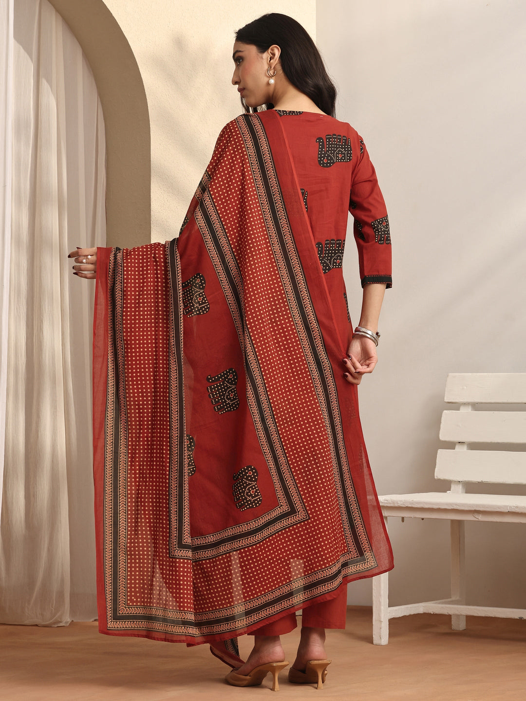 Rust Printed Cotton Straight Suit Set With Dupatta