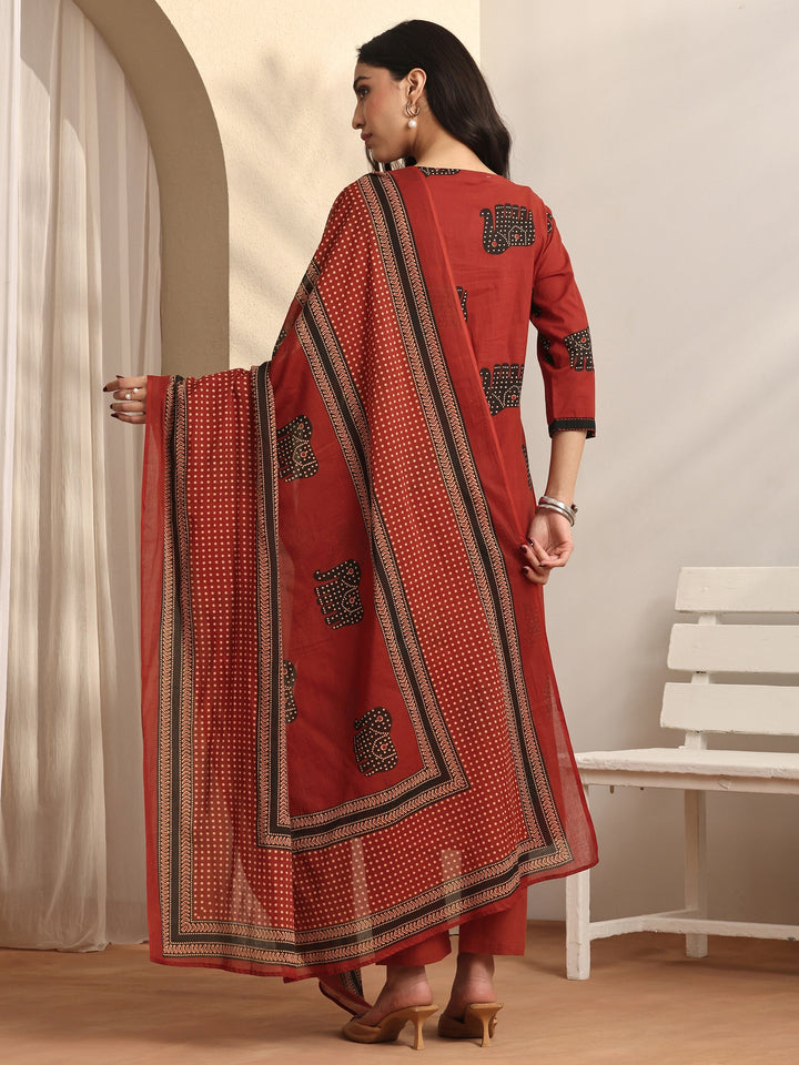 Rust Printed Cotton Straight Suit Set With Dupatta