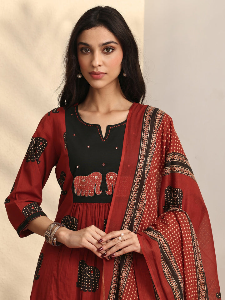 Rust Printed Cotton Straight Suit Set With Dupatta