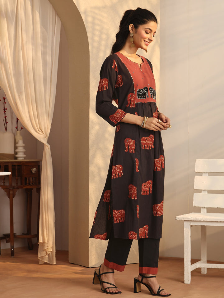 Black Tribal Printed Cotton A-Line Suit Set With Dupatta