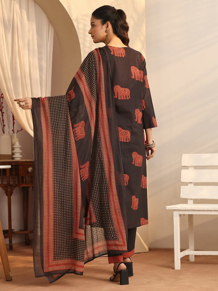 Black Tribal Printed Cotton A-Line Suit Set With Dupatta