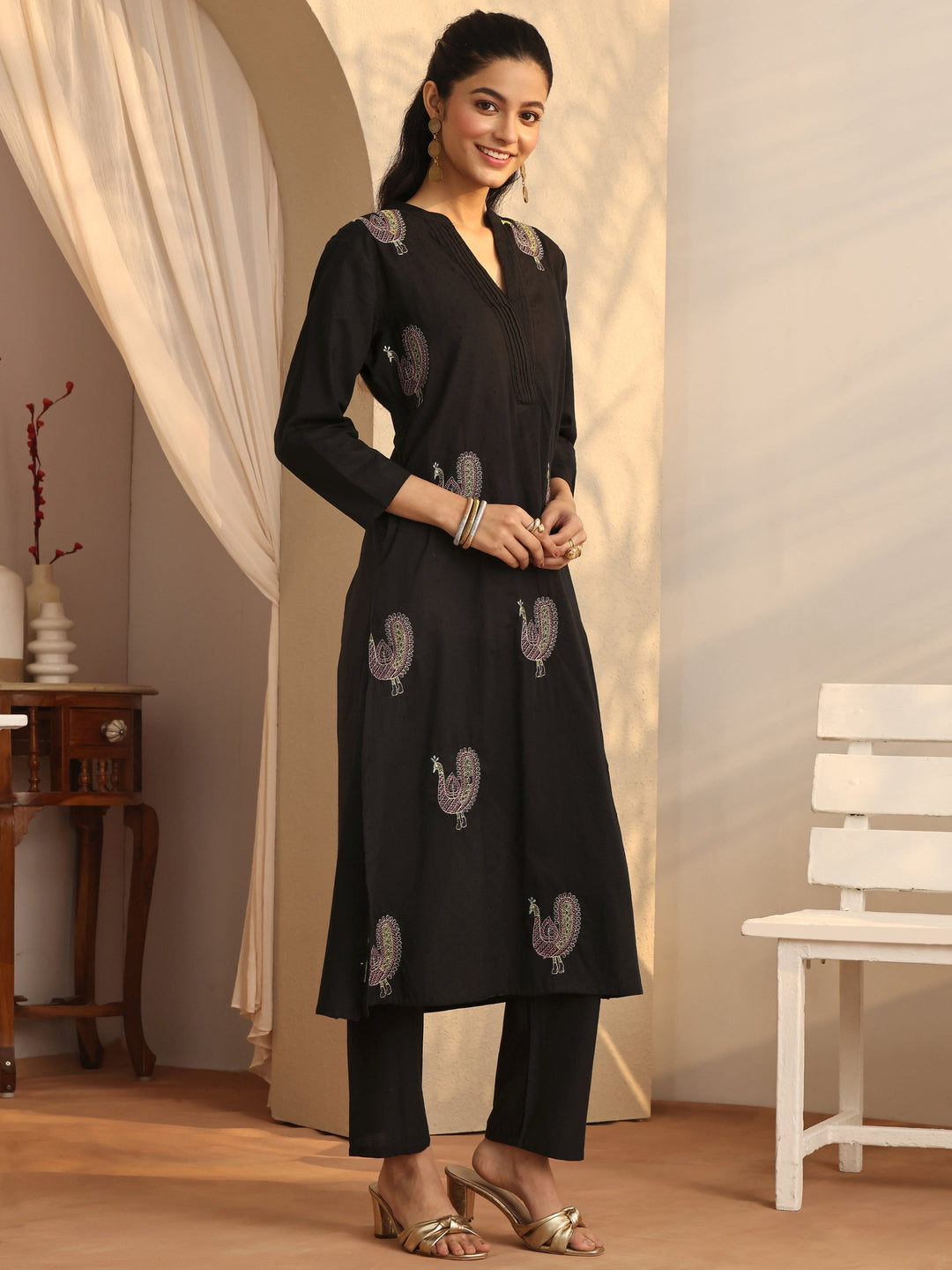 Black Embroidered Cotton Straight Kurta Set