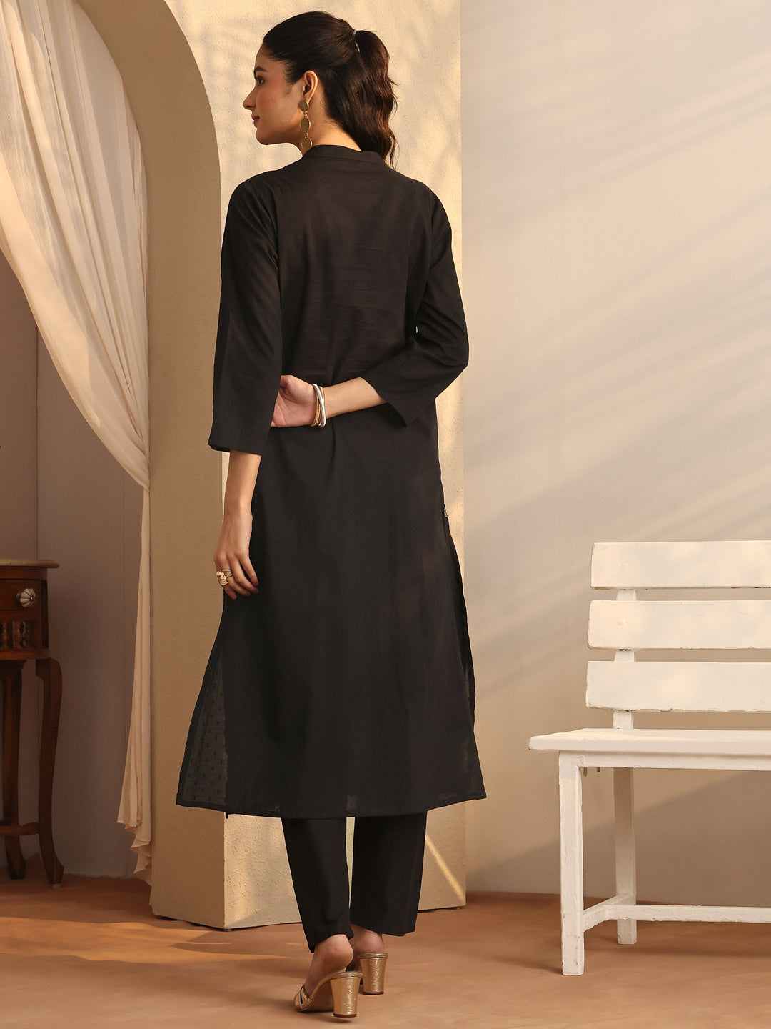Black Embroidered Cotton Straight Kurta Set