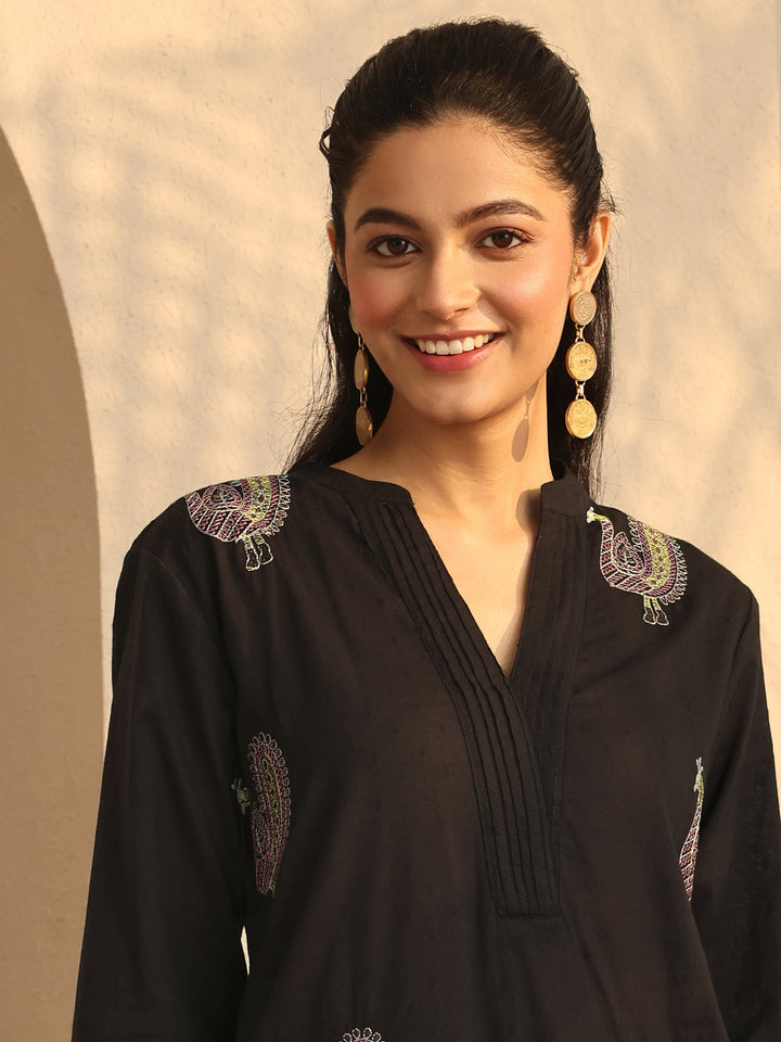 Black Embroidered Cotton Straight Kurta Set