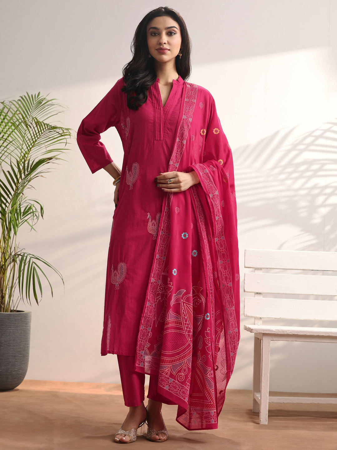 Pink Embroidered Cotton Straight Suit Set With Dupatta