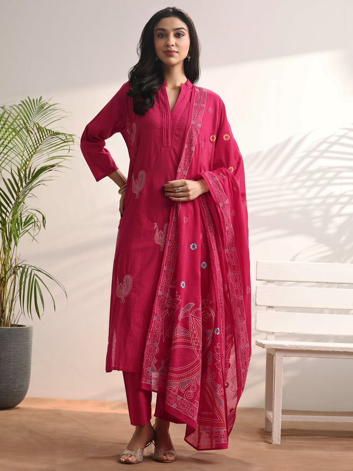 Pink Embroidered Cotton Straight Suit Set With Dupatta