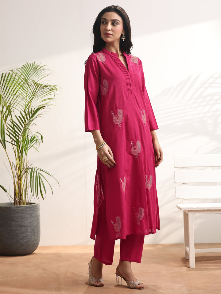 Pink Embroidered Cotton Straight Suit Set With Dupatta
