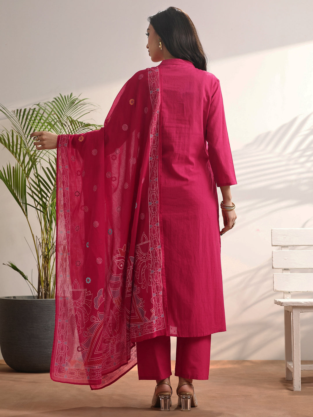 Pink Embroidered Cotton Straight Suit Set With Dupatta