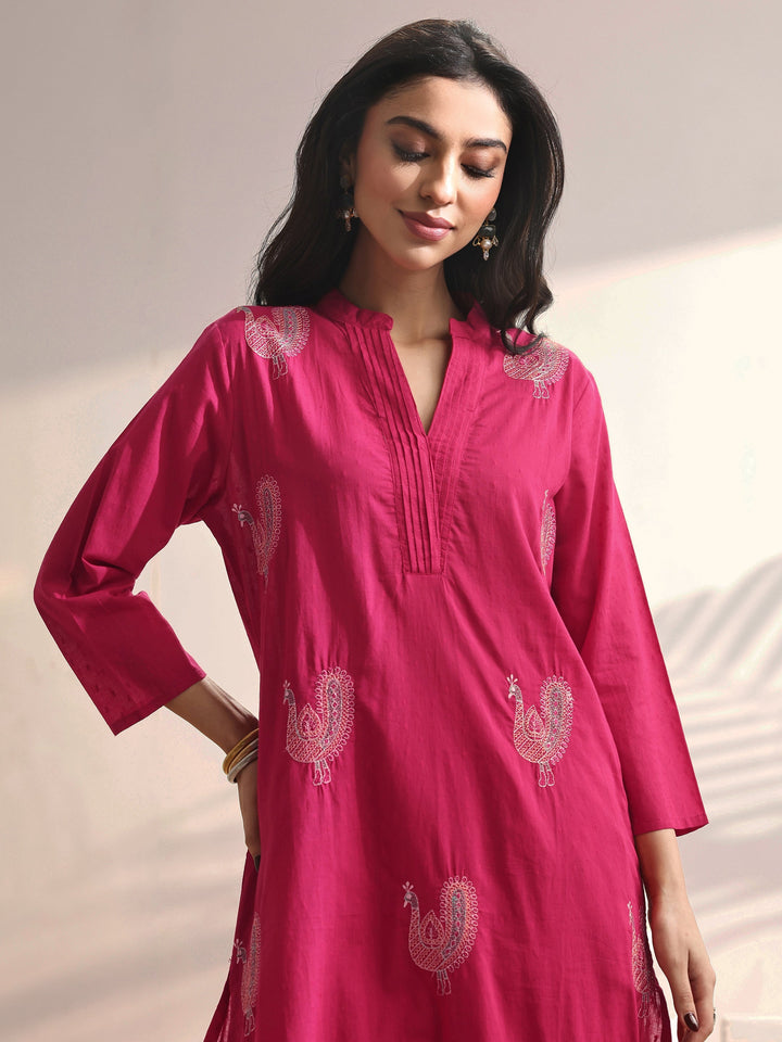 Pink Embroidered Cotton Straight Suit Set With Dupatta