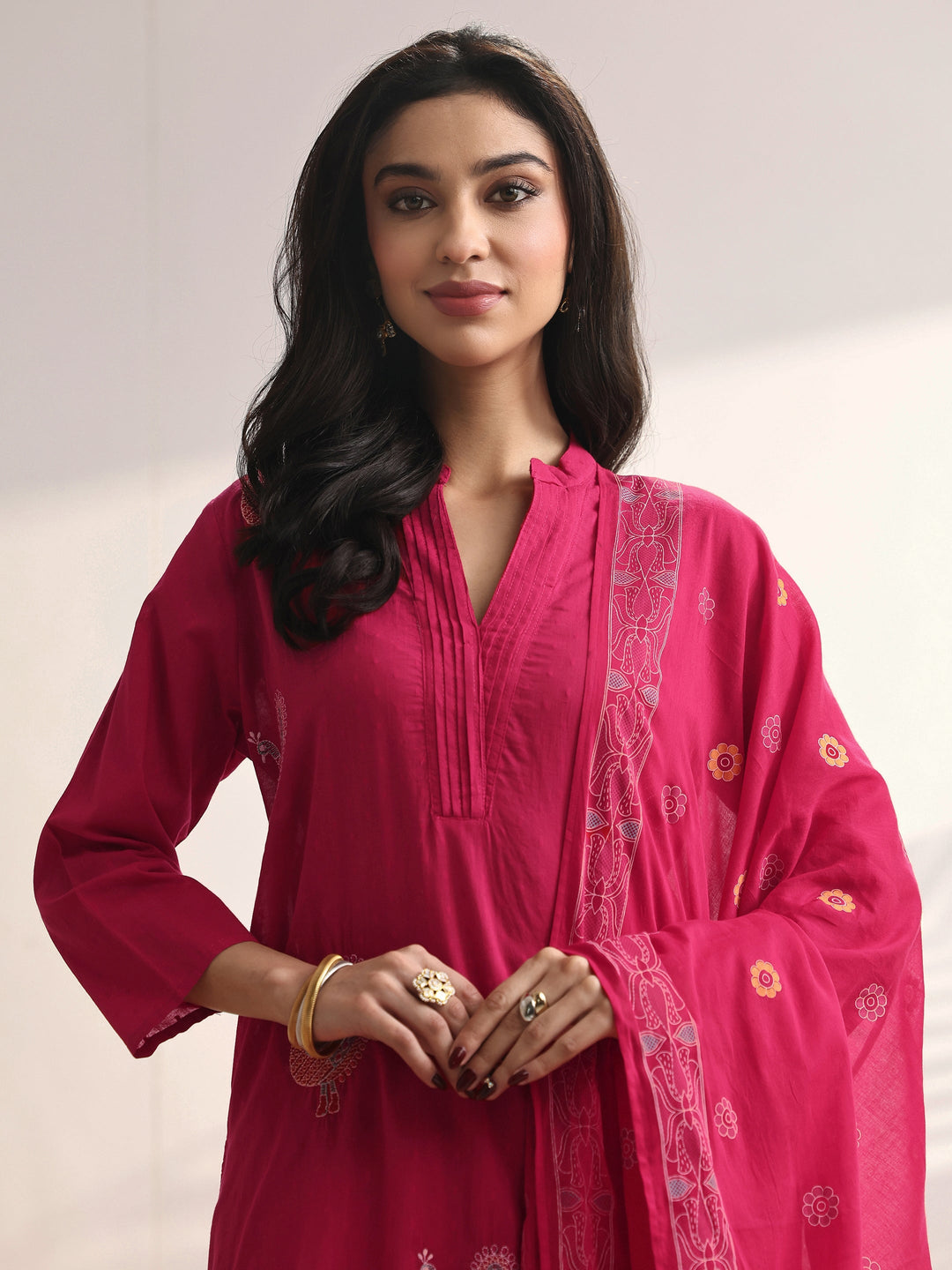 Pink Embroidered Cotton Straight Suit Set With Dupatta