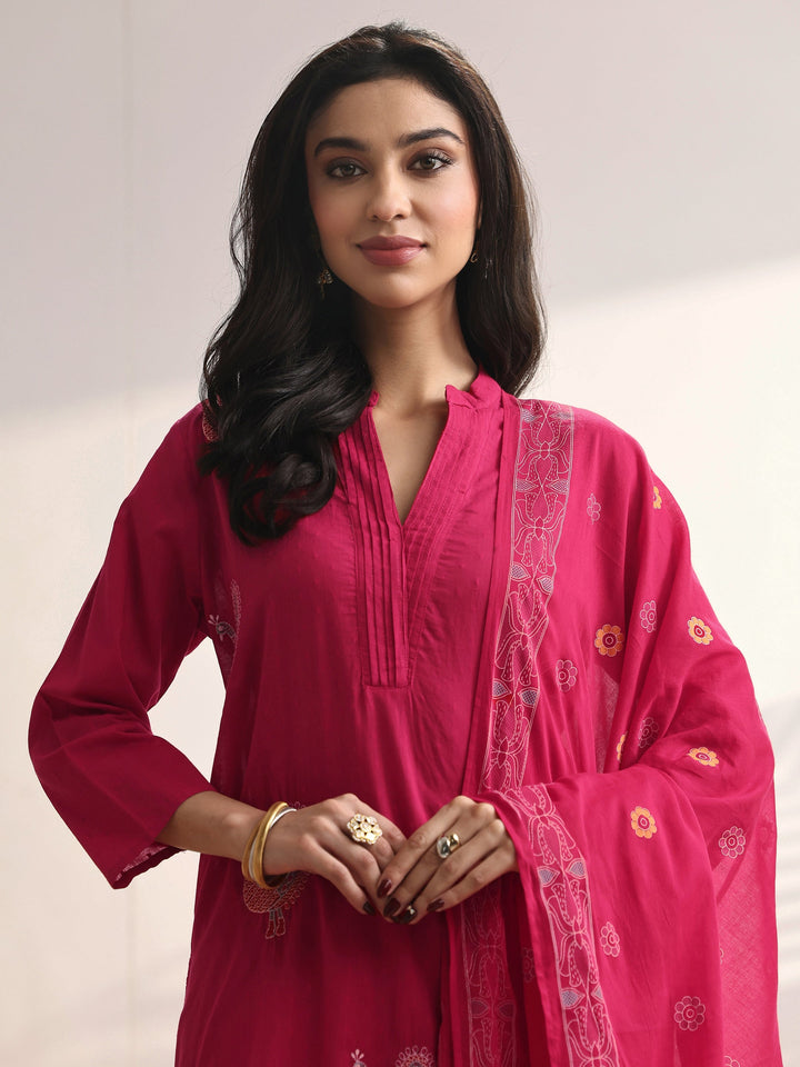 Pink Embroidered Cotton Straight Suit Set With Dupatta