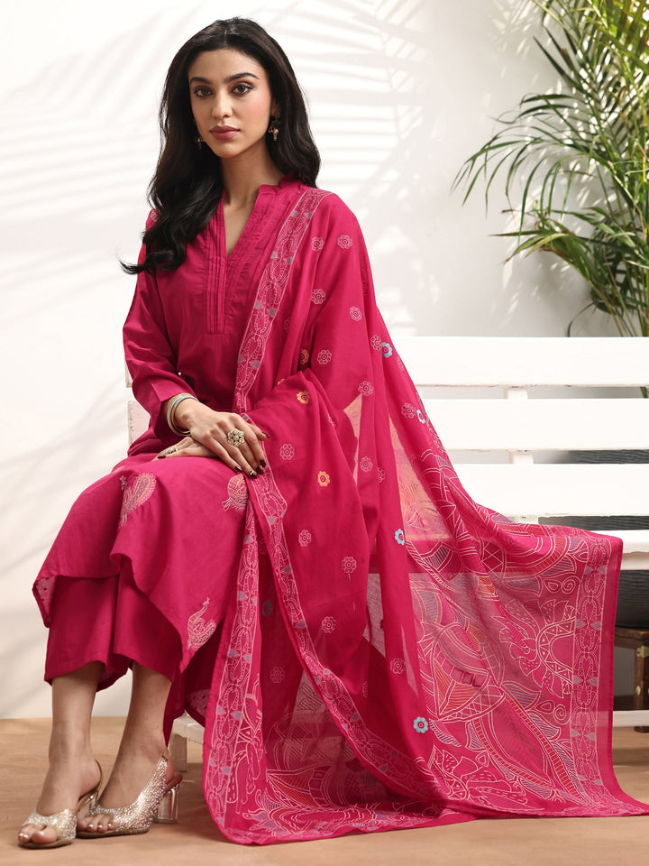 Pink Embroidered Cotton Straight Suit Set With Dupatta