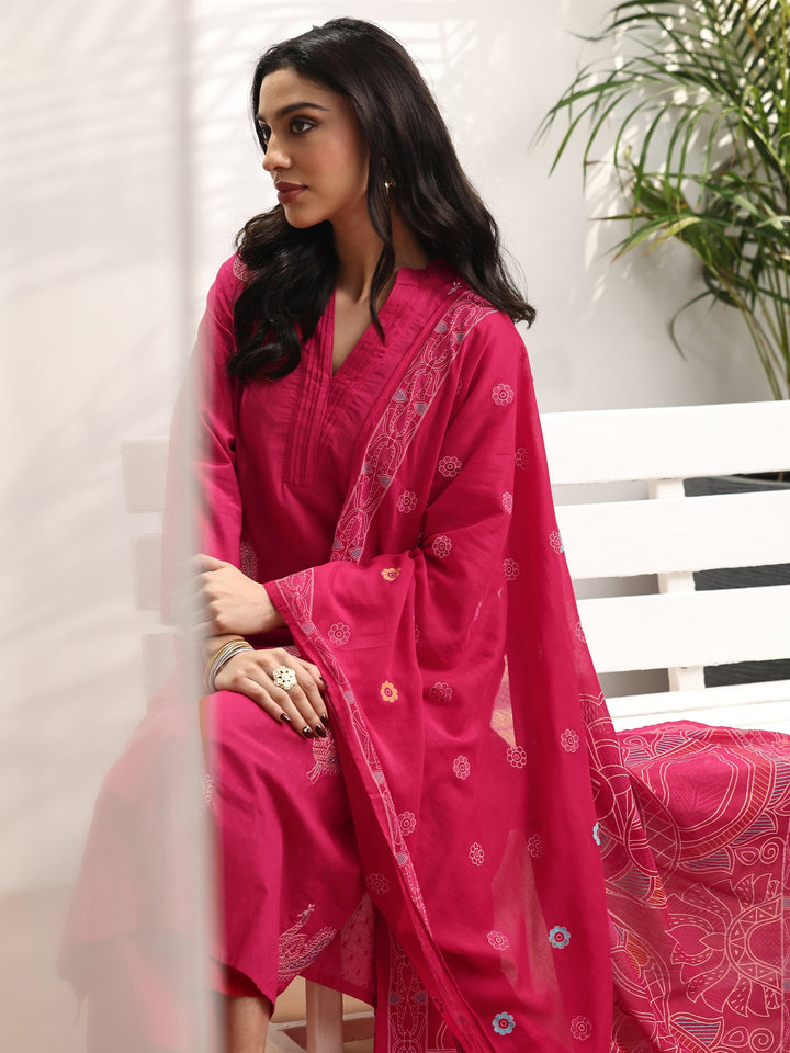 Pink Embroidered Cotton Straight Suit Set With Dupatta