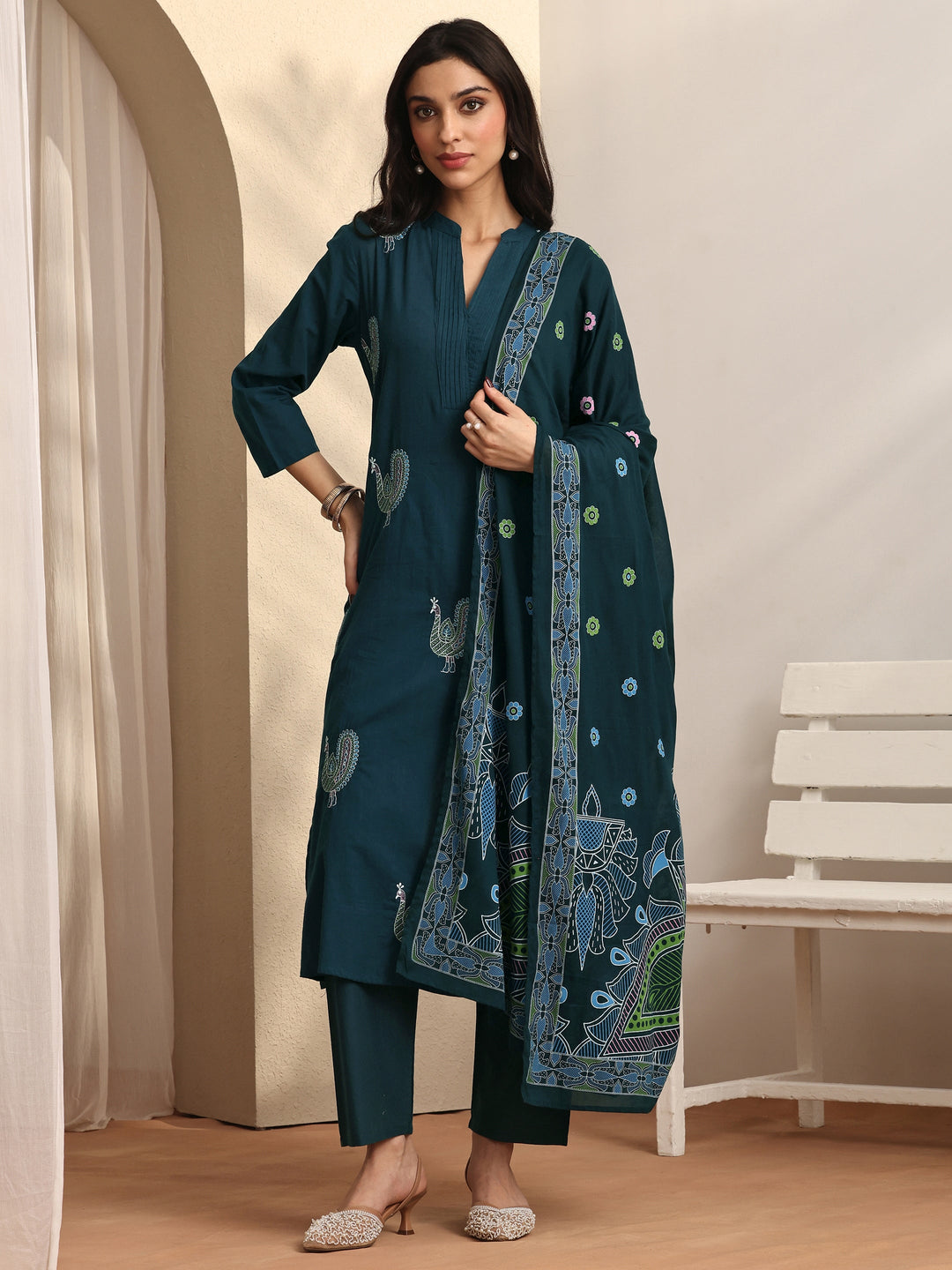 Blue Embroidered Cotton Straight Suit Set With Dupatta
