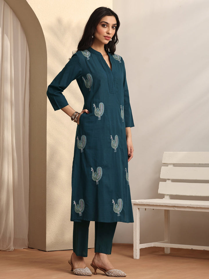 Blue Embroidered Cotton Straight Suit Set With Dupatta