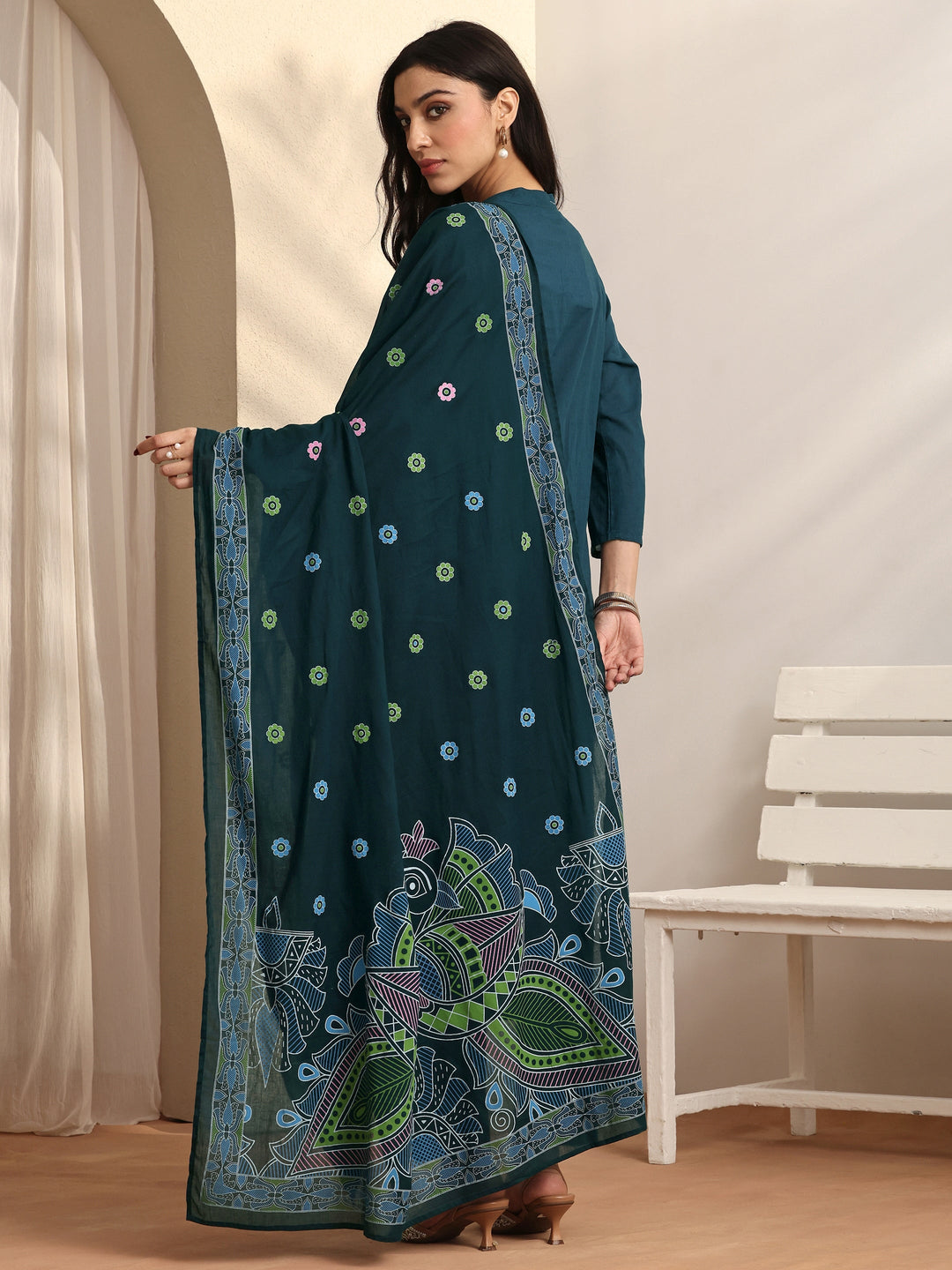 Blue Embroidered Cotton Straight Suit Set With Dupatta