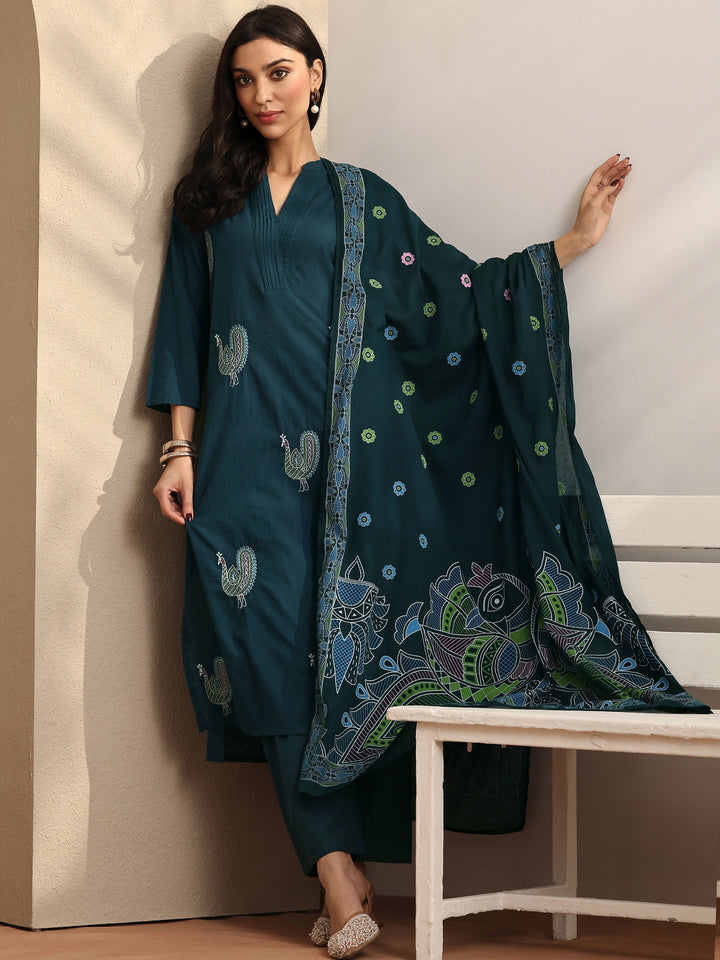 Blue Embroidered Cotton Straight Suit Set With Dupatta