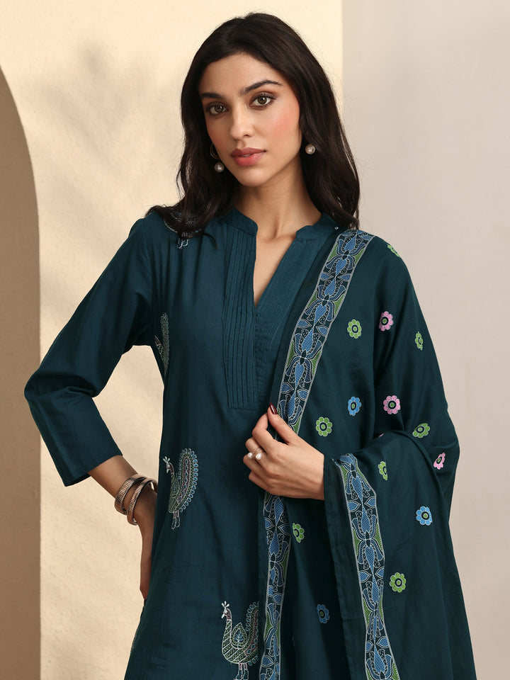 Blue Embroidered Cotton Straight Suit Set With Dupatta