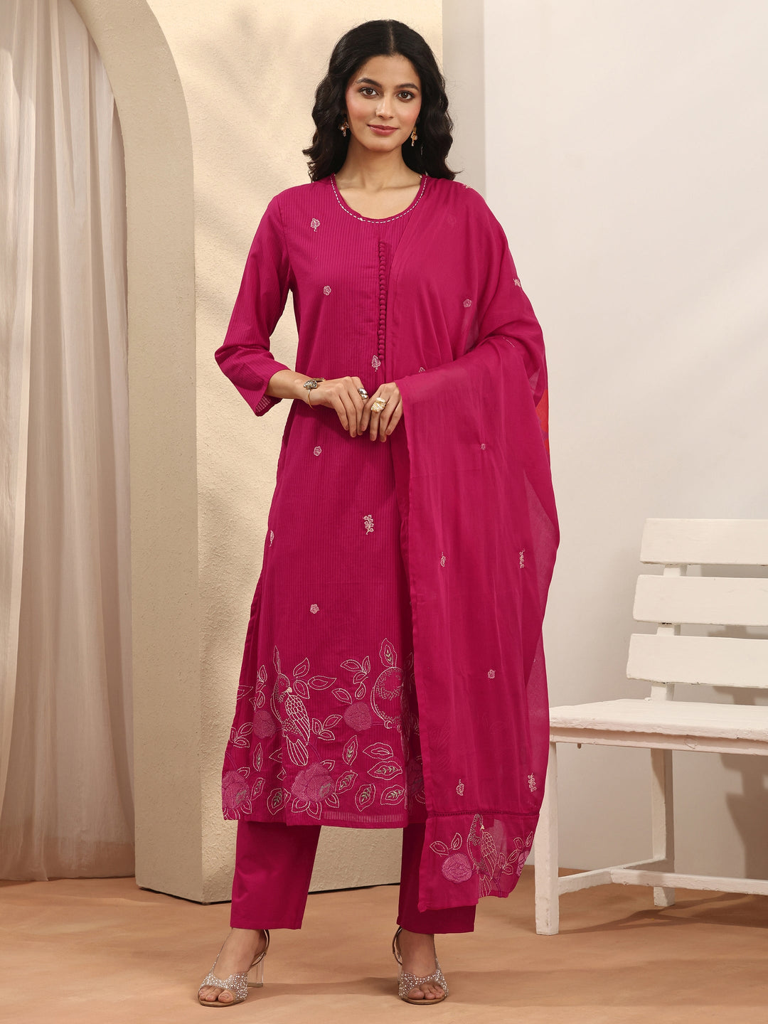 Pink Embroidered Cotton Straight Suit Set With Dupatta