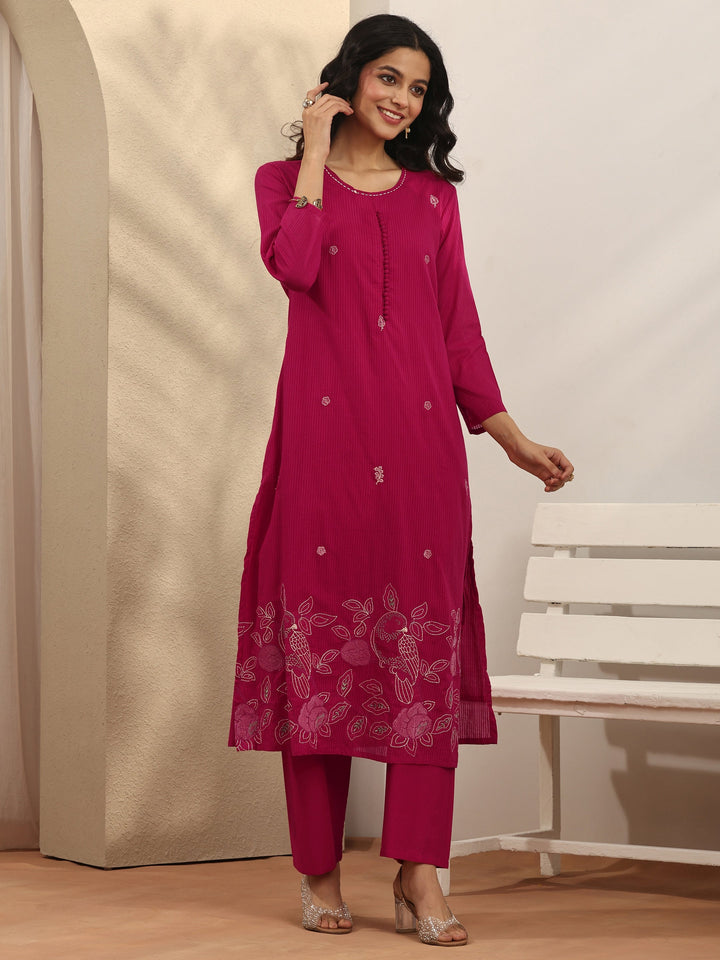 Pink Embroidered Cotton Straight Suit Set With Dupatta