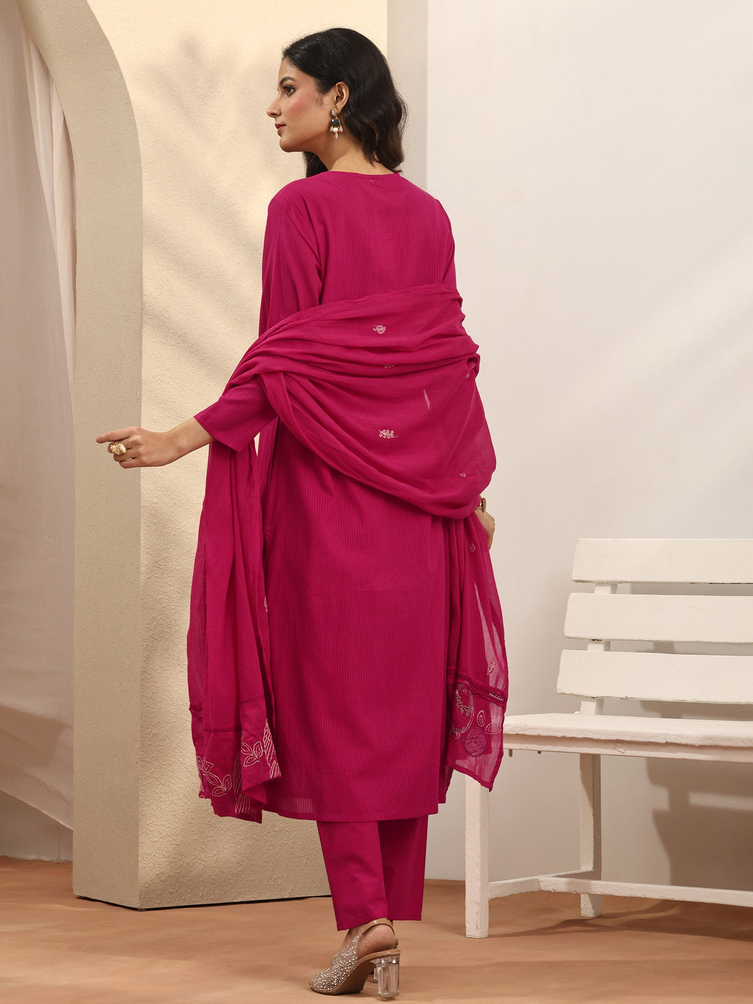 Pink Embroidered Cotton Straight Suit Set With Dupatta