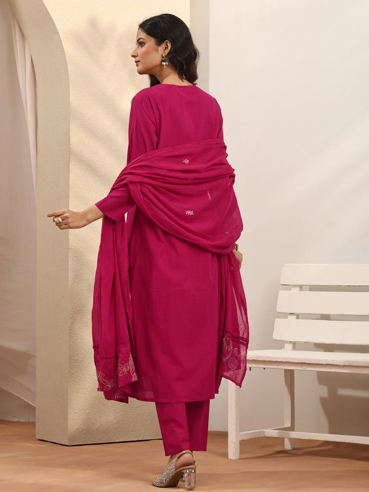 Pink Embroidered Cotton Straight Suit Set With Dupatta