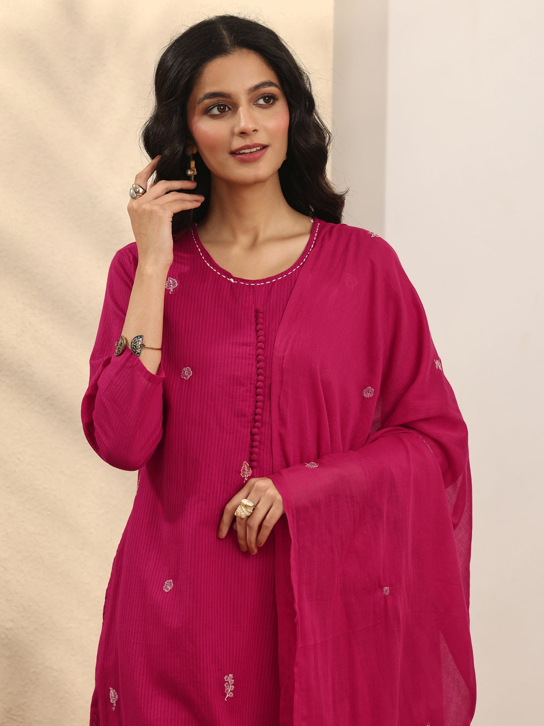 Pink Embroidered Cotton Straight Suit Set With Dupatta