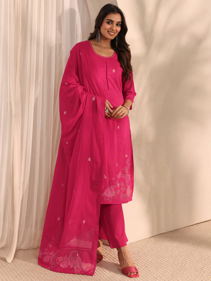 Pink Embroidered Cotton Straight Suit Set With Dupatta