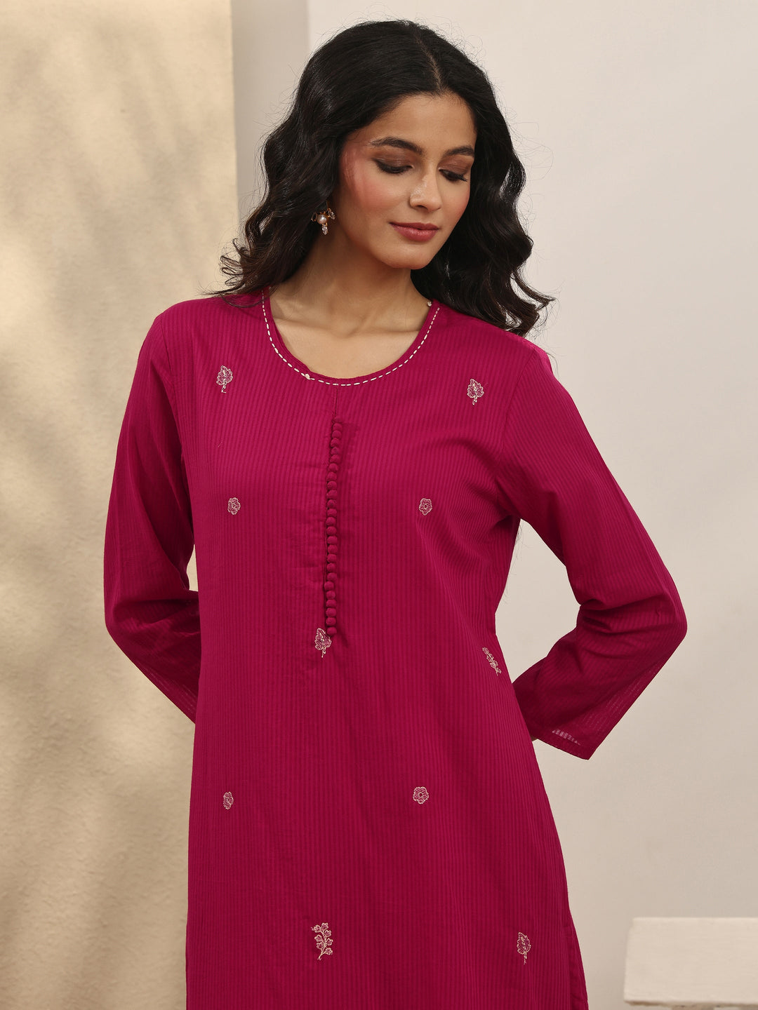 Pink Embroidered Cotton Straight Suit Set With Dupatta