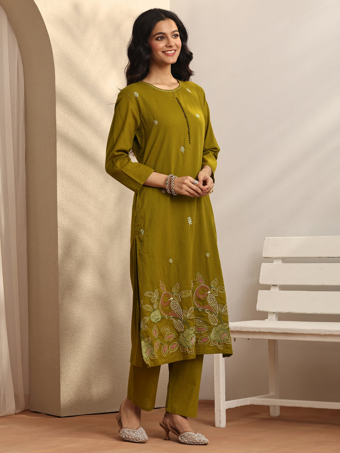 Green Embroidered Cotton Straight Suit Set With Dupatta