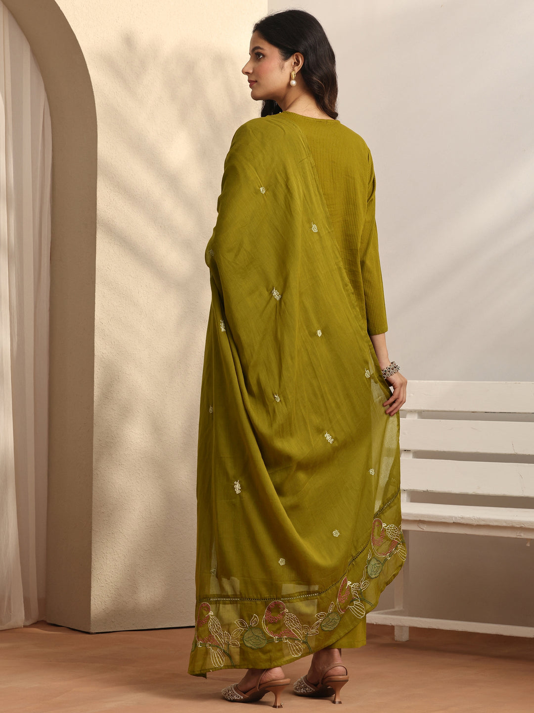 Green Embroidered Cotton Straight Suit Set With Dupatta