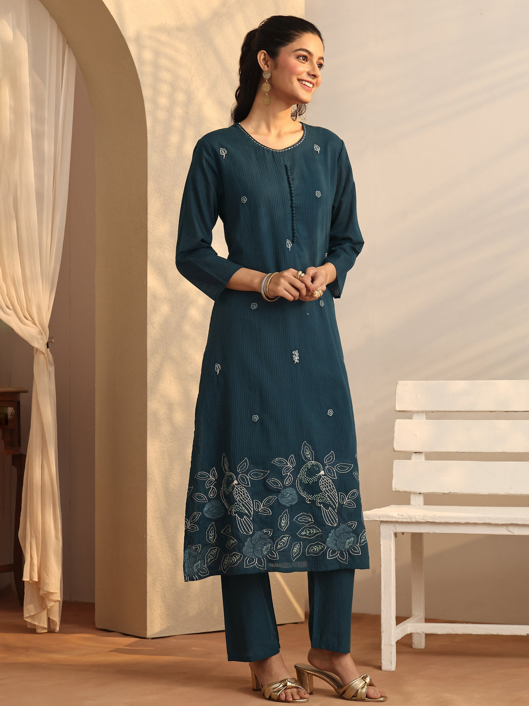 Blue Embroidered Cotton Straight Suit Set With Dupatta