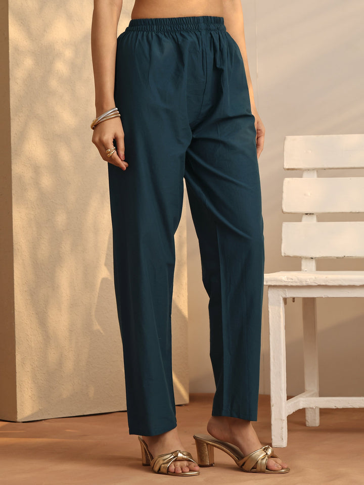 Blue Embroidered Cotton Straight Suit Set With Dupatta