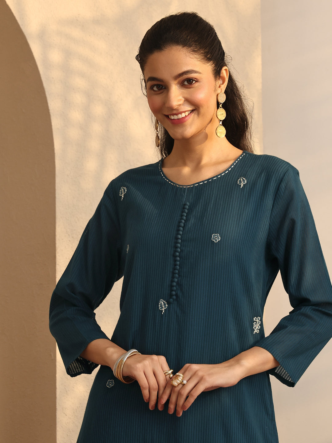 Blue Embroidered Cotton Straight Suit Set With Dupatta