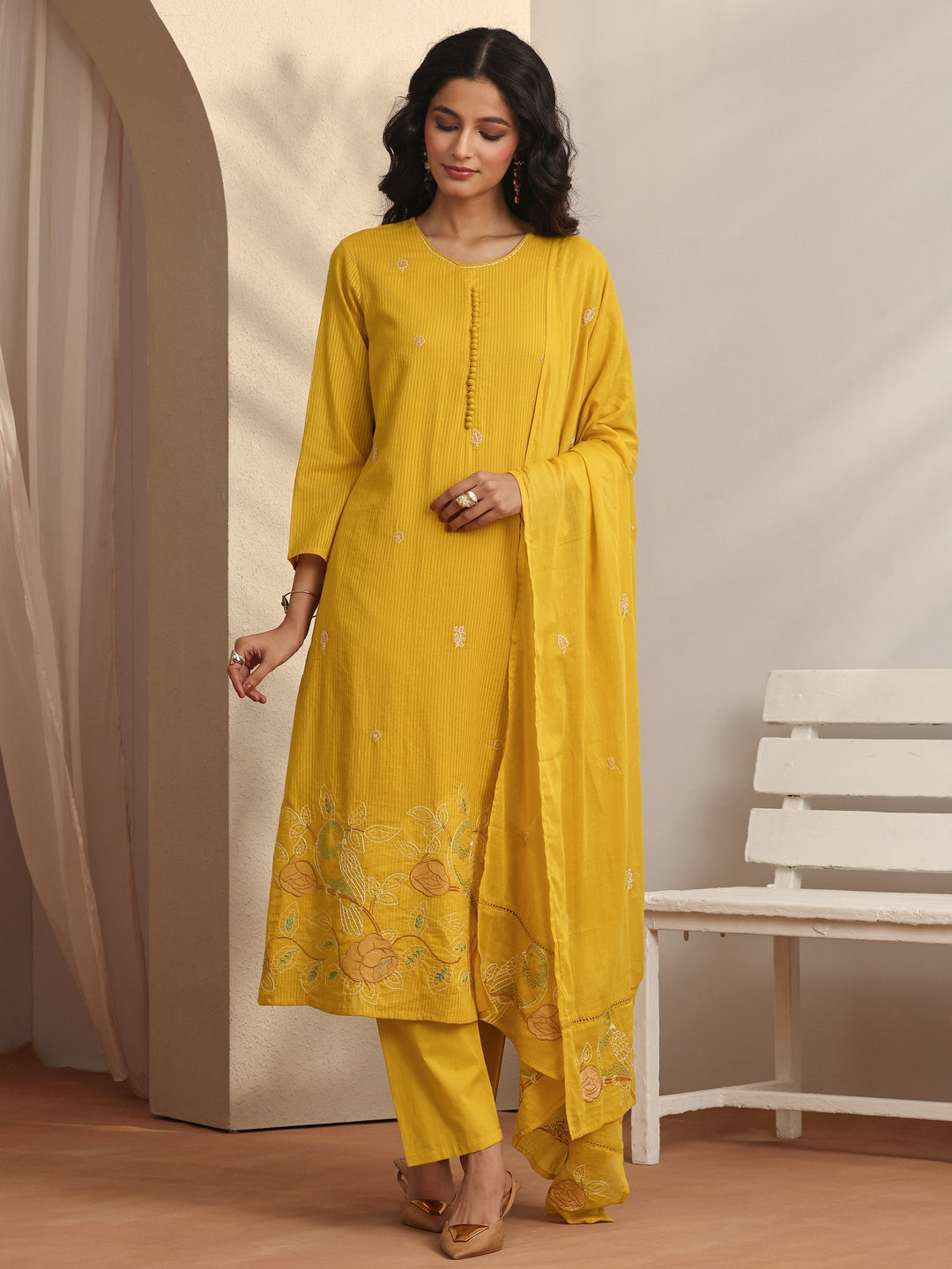 Mustard Embroidered Cotton Straight Suit Set With Dupatta
