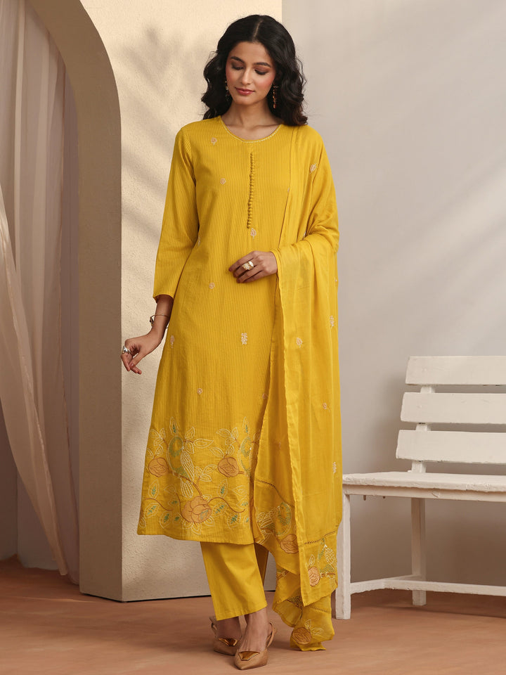 Mustard Embroidered Cotton Straight Suit Set With Dupatta