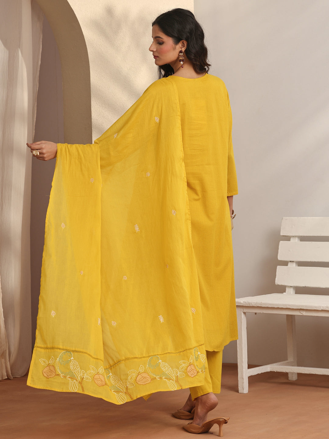 Mustard Embroidered Cotton Straight Suit Set With Dupatta
