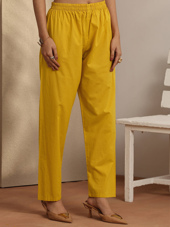 Mustard Embroidered Cotton Straight Suit Set With Dupatta