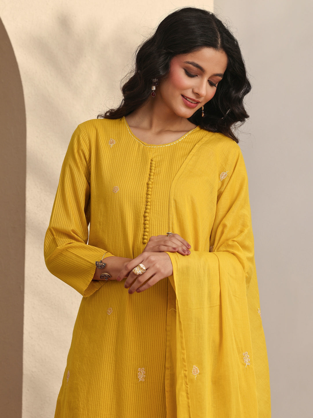 Mustard Embroidered Cotton Straight Suit Set With Dupatta