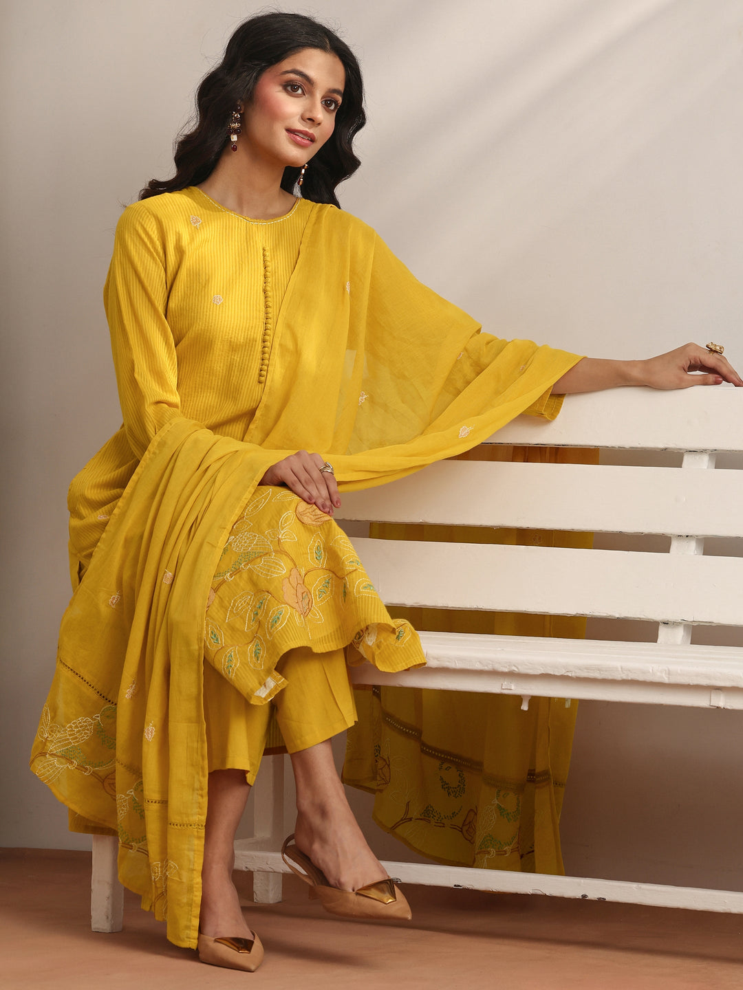 Mustard Embroidered Cotton Straight Suit Set With Dupatta