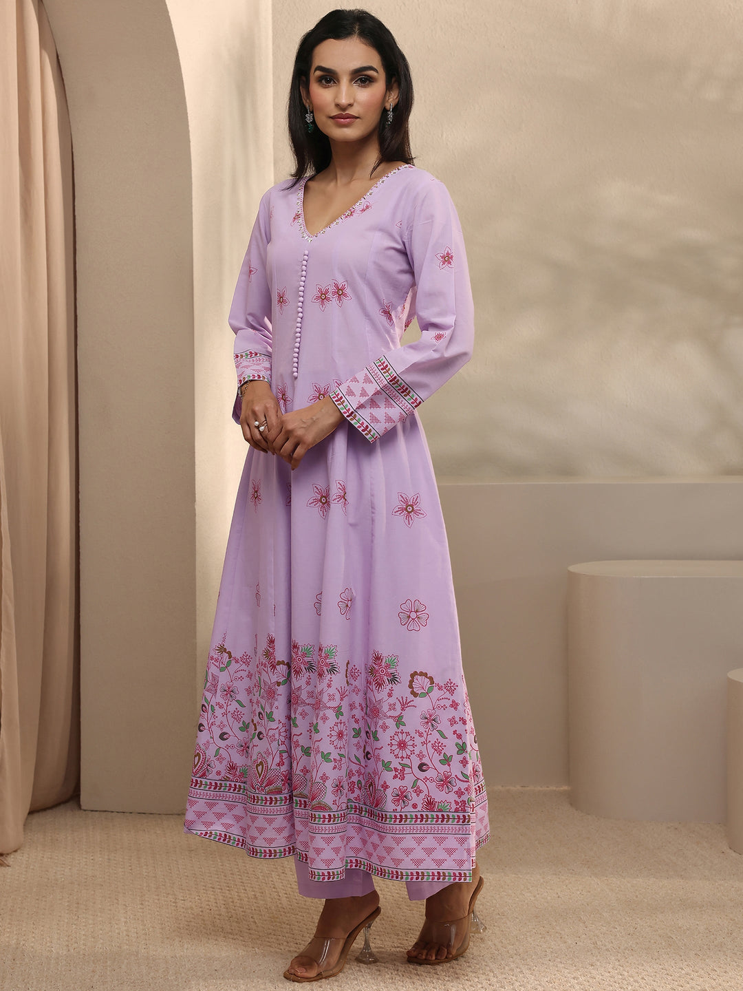 Lavender Printed Cotton Anarkali Suit Set With Dupatta