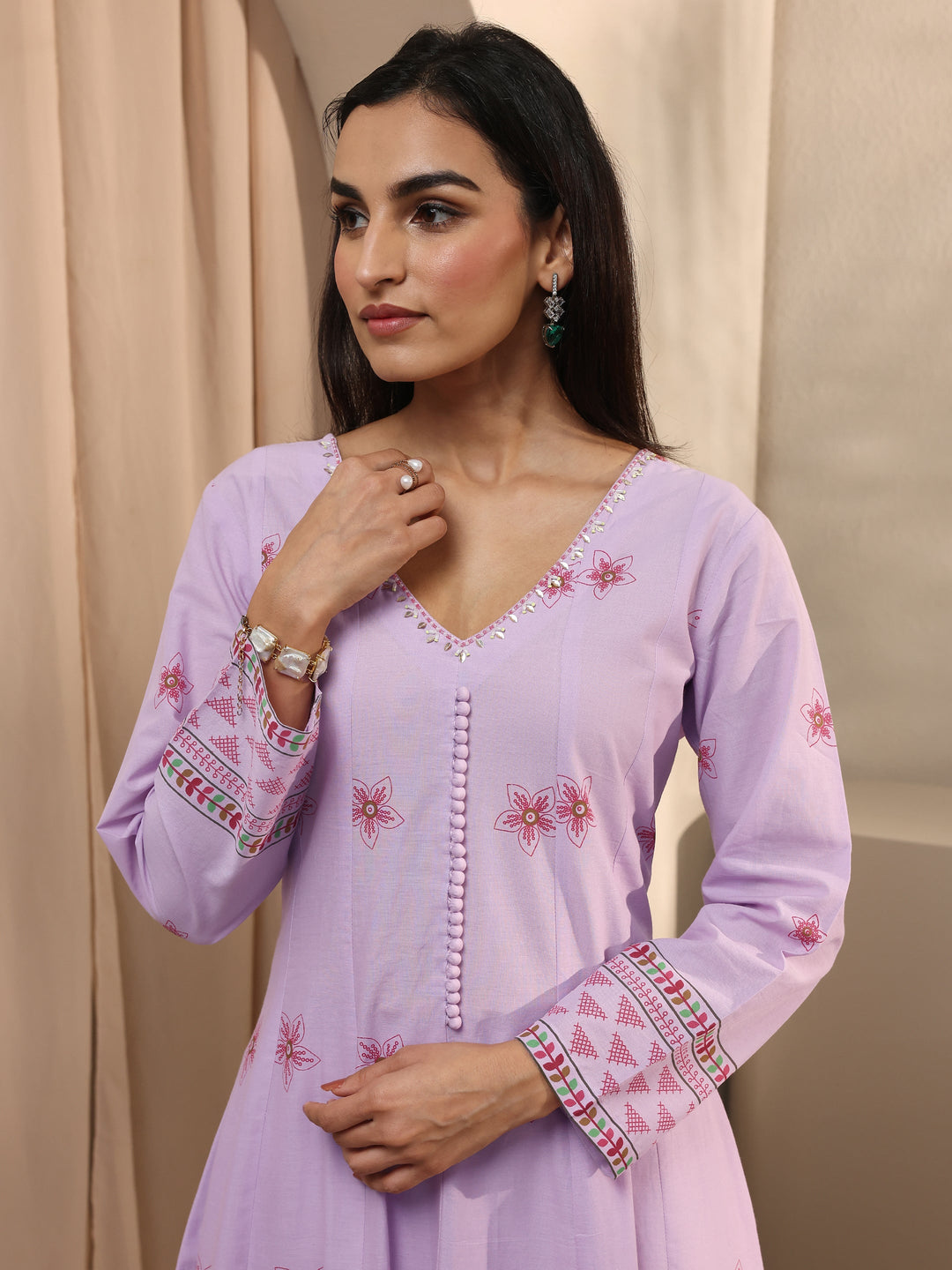 Lavender Printed Cotton Anarkali Suit Set With Dupatta