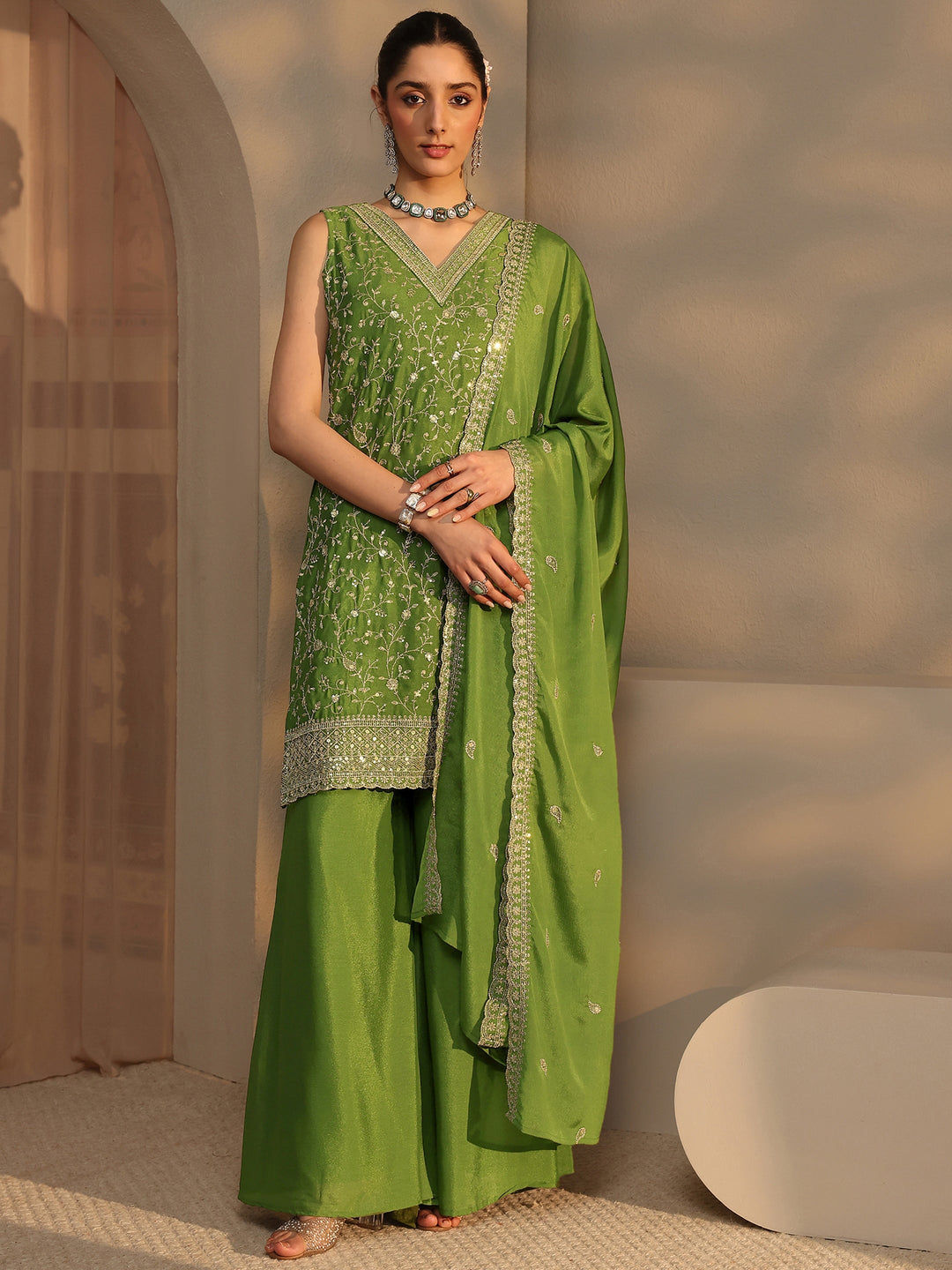 Green Embellished Chinon Palazzo Suit Set With Dupatta