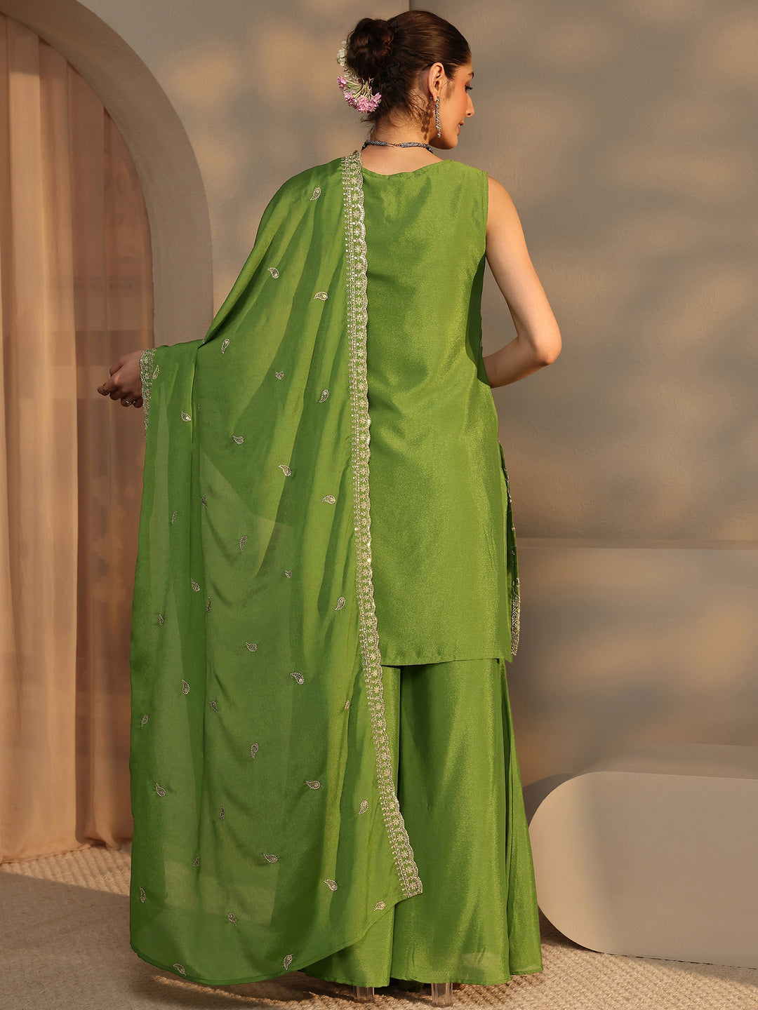 Green Embellished Chinon Palazzo Suit Set With Dupatta
