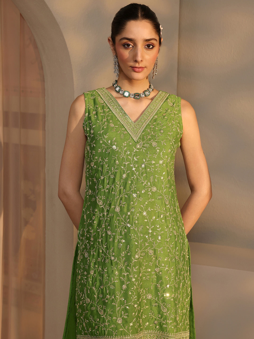 Green Embellished Chinon Palazzo Suit Set With Dupatta