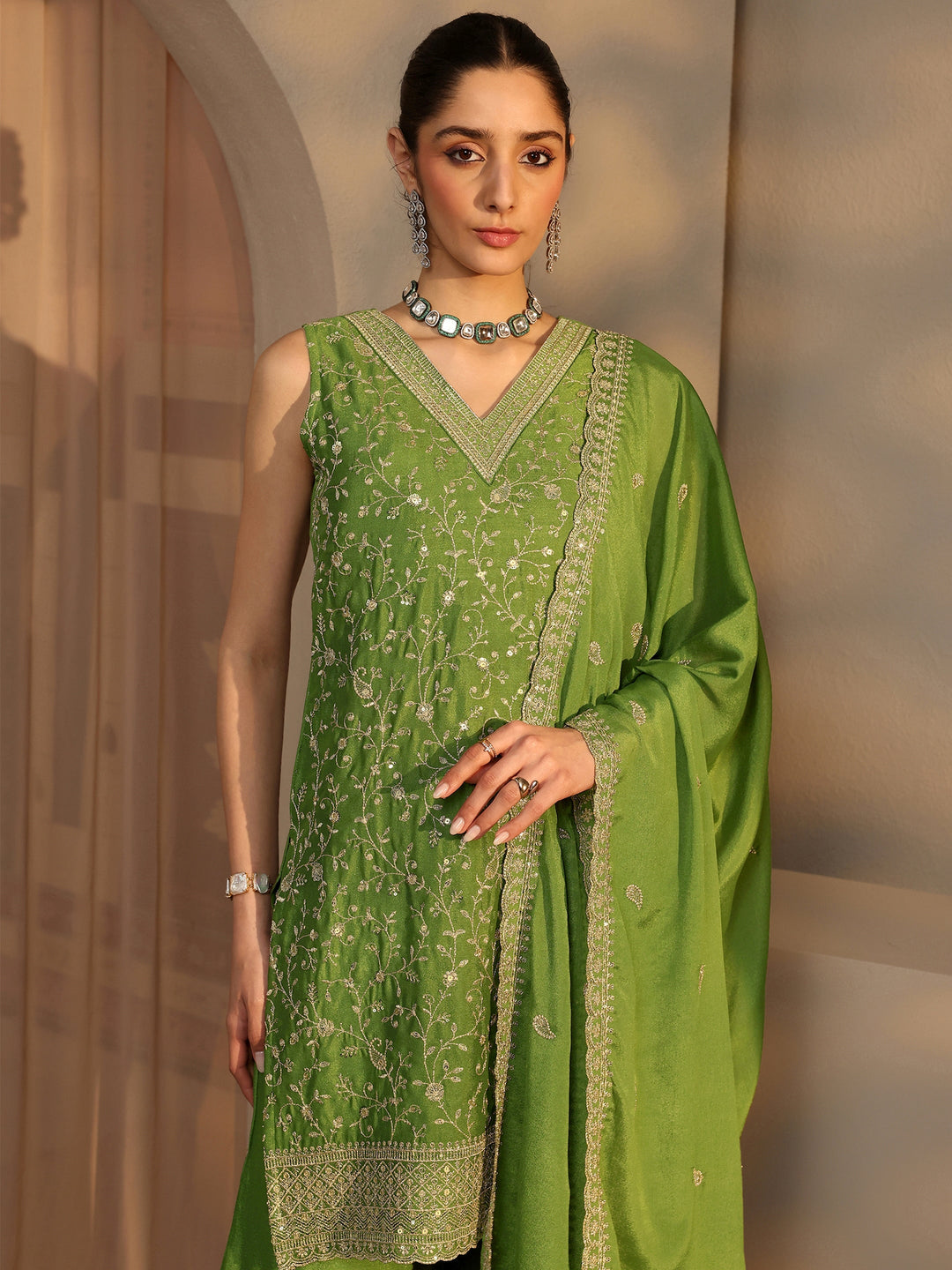 Green Embellished Chinon Palazzo Suit Set With Dupatta