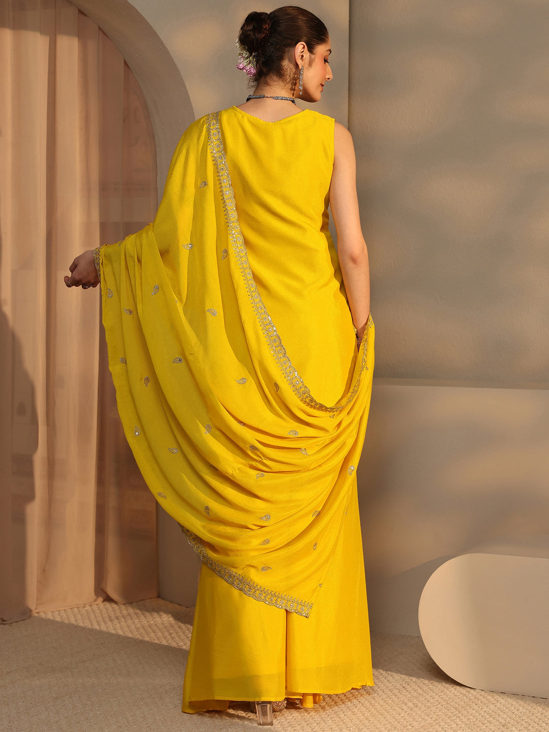 Yellow Embellished Chinon Palazzo Suit Set With Dupatta